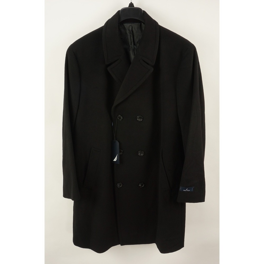 $395 Nautica Mens Classic Fit Double-Breasted Wool Overcoat Black 48R Six Button